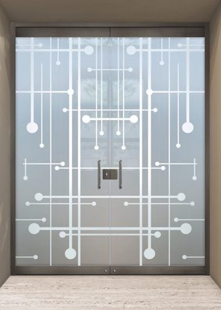 All Glass Front Door with a sandblast Frosted Glass Geometric Design Custom-Designed Decorative Etched Glass