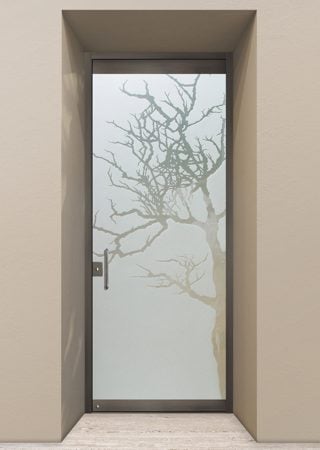 All Glass Front Door featuring a Frosted Glass Tree Design Sandblast Etched Glass Winter Tree Design by Sans Soucie