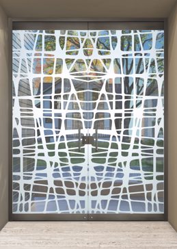 Handcrafted Etched Glass Exterior Glass Door by Sans Soucie Art Glass with Custom Geometric Design Called Woven Creating Not Private