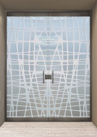 All Glass Front Door featuring Frosted Glass Design Etched Glass by Sans Soucie Art Glass with Custom Geometric Design Woven