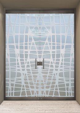 Handcrafted Etched Glass Exterior Glass Door by Sans Soucie Art Glass with Custom Geometric Design Called Woven Creating Private