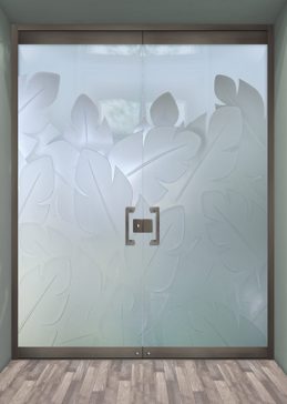 Handmade Sandblasted Frosted Glass Exterior Glass Door for Private Featuring a Tropical Design Banana Leaves by Sans Soucie