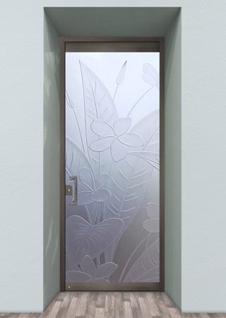 All Glass Front Door featuring a Frosted Glass Floral Design Sandblast Etched Glass Plumeria Design by Sans Soucie