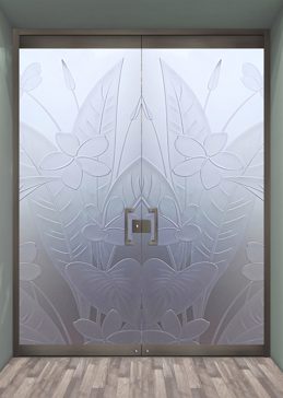 Handmade Sandblasted Frosted Glass Exterior Glass Door for Private Featuring a Floral Design Plumeria by Sans Soucie