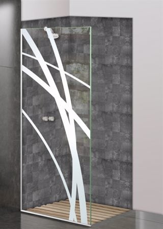 Shower Partition showcasing a Frosted Glass Geometric Design with Sandblast Etched Glass Art by Sans Soucie Arcos Design
