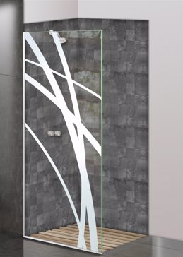 Not Private Shower Panel with Sandblast Etched Glass Art by Sans Soucie Featuring Arcos Geometric Design
