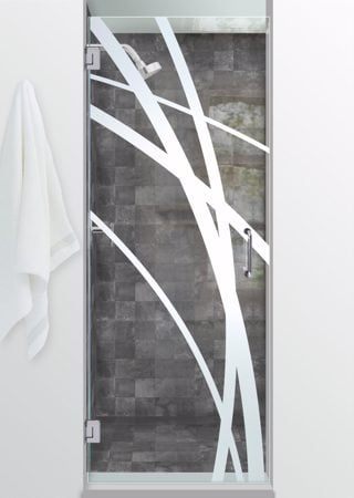 Shower Door showcasing a Frosted Glass Geometric Design with Sandblast Etched Glass Art by Sans Soucie Arcos Design