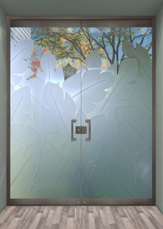 All Glass Front Door featuring a Frosted Glass Tropical Design Sandblast Etched Glass Banana Leaves Design by Sans Soucie