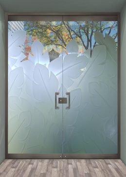 Handmade Sandblasted Frosted Glass Exterior Glass Door for Semi-Private Featuring a Tropical Design Banana Leaves by Sans Soucie