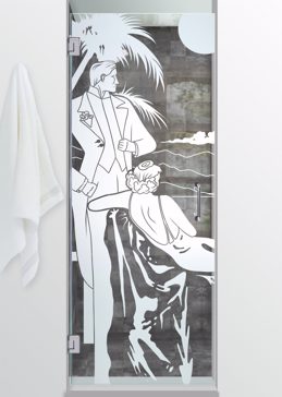 Art Glass Shower Door Featuring Sandblast Frosted Glass by Sans Soucie for Not Private with Art Deco Debonair Design