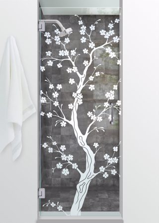 Shower Door with Frosted Glass Asian Delicate Cherry Blossom Design by Sans Soucie