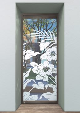 Handmade Sandblasted Frosted Glass Exterior Glass Door for Not Private Featuring a Tropical Design Hibiscus Anthurium by Sans Soucie