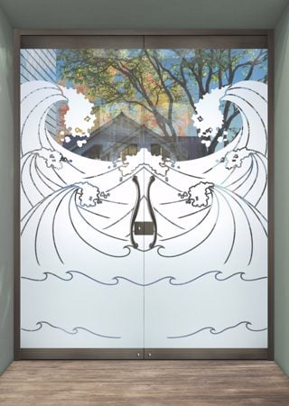 All Glass Front Door with a sandblast Frosted Glass Oceanic Design Custom-Designed Decorative Etched Glass