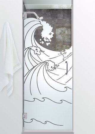 Shower Door with a sandblast Frosted Glass Oceanic Design Custom-Designed Decorative Etched Glass