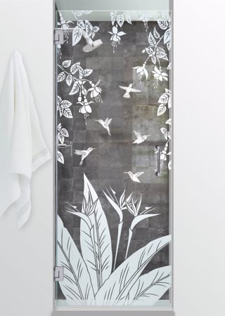 Shower Door with a sandblast Frosted Glass Tropical Design Custom-Designed Decorative Etched Glass