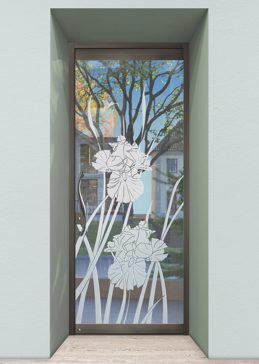 Handmade Sandblasted Frosted Glass Exterior Glass Door for Not Private Featuring a Floral Design Iris Hummingbird II by Sans Soucie