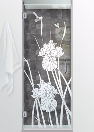 Shower Door featuring a Frosted Glass Floral Design Sandblast Etched Glass Iris Hummingbird II Design by Sans Soucie