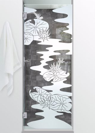 Shower Door featuring a Frosted Glass Floral Design Sandblast Etched Glass Lily Pads & Lotus Design by Sans Soucie