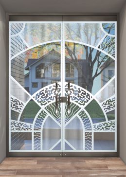 Exterior Glass Door with a Frosted Glass Matrix Arcs Geometric Design for Not Private by Sans Soucie Art Glass