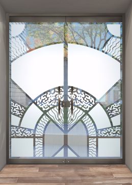 Exterior Glass Door with a Frosted Glass Matrix Arcs Geometric Design for Semi-Private by Sans Soucie Art Glass