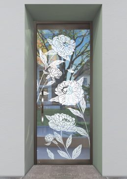 Not Private Exterior Glass Door with Sandblast Etched Glass Art by Sans Soucie Featuring Peonies Floral Design