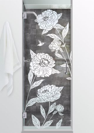 Shower Door showcasing a Frosted Glass Floral Design with Sandblast Etched Glass Art by Sans Soucie Peonies Design