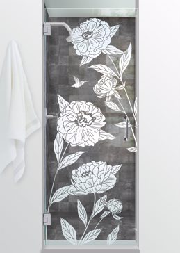 Not Private Shower Door with Sandblast Etched Glass Art by Sans Soucie Featuring Peonies Floral Design