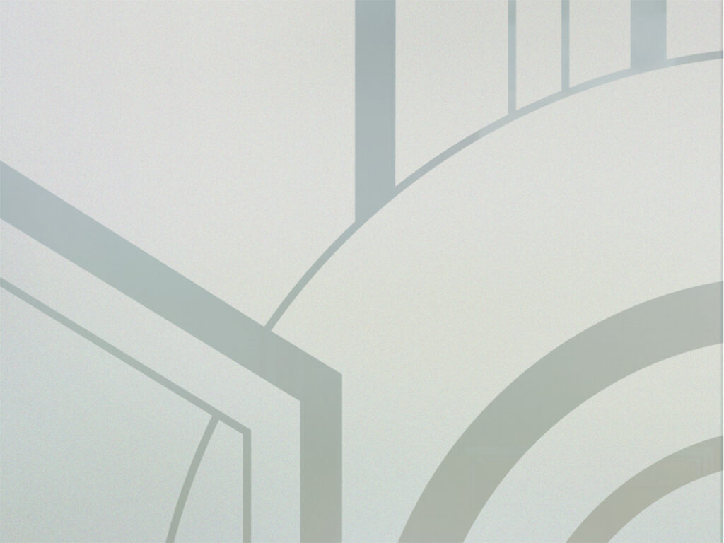 Close-up of Sun Odyssey design on 1D private frosted glass with high privacy and bold geometric pattern.