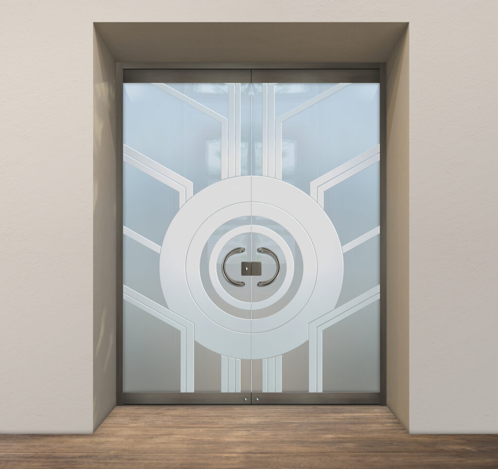 High-end full glass exterior door backed by expert craftsmanship of Sans Soucie Art Glass. Durable full glass exterior door engineered with tempered safety glass.