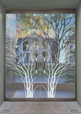 Art Glass Exterior Glass Door Featuring Sandblast Frosted Glass by Sans Soucie for Not Private with Trees Wispy Tree Design