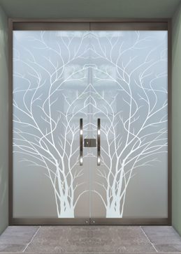 Art Glass Exterior Glass Door Featuring Sandblast Frosted Glass by Sans Soucie for Private with Trees Wispy Tree Design