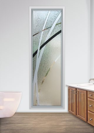 Window showcasing a Frosted Glass Geometric Design with Sandblast Etched Glass Art by Sans Soucie Arcos Design
