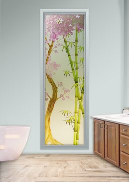 Art Glass Window Featuring Sandblast Frosted Glass by Sans Soucie for Private with Asian Cherry Blossom Bamboo Design