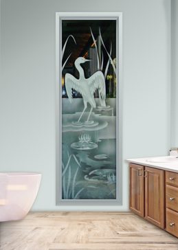 Art Glass Window Featuring Sandblast Frosted Glass by Sans Soucie for Semi-Private with Wildlife Cranes B Design