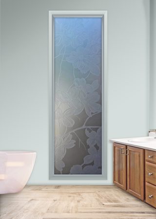 Window featuring a Frosted Glass Floral Design Sandblast Etched Glass Dogwood Design by Sans Soucie
