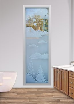 Window with a Frosted Glass Geese over the Lake Landscapes Design for Semi-Private by Sans Soucie Art Glass