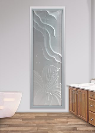 Window showcasing a Frosted Glass Tropical Design with Sandblast Etched Glass Art by Sans Soucie Hibiscus Ripples Design
