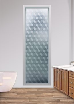 Art Glass Window Featuring Sandblast Frosted Glass by Sans Soucie for Private with Geometric Illusion Cubes Design