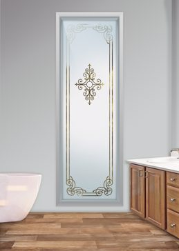 Handmade Sandblasted Frosted Glass Window for Semi-Private Featuring a Wrought Iron Design Maya Naples by Sans Soucie