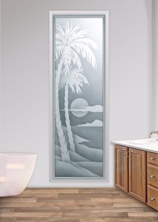 Window featuring Frosted Glass Design Etched Glass by Sans Soucie Art Glass with Custom Palm Trees Design Palm Sunset