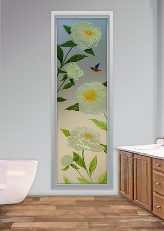 Window showcasing a Frosted Glass Floral Design with Sandblast Etched Glass Art by Sans Soucie Peonies Design