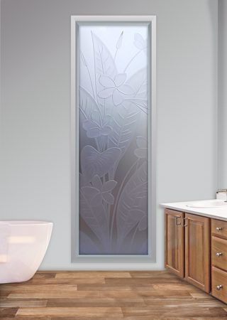 Window featuring a Frosted Glass Floral Design Sandblast Etched Glass Plumeria Design by Sans Soucie