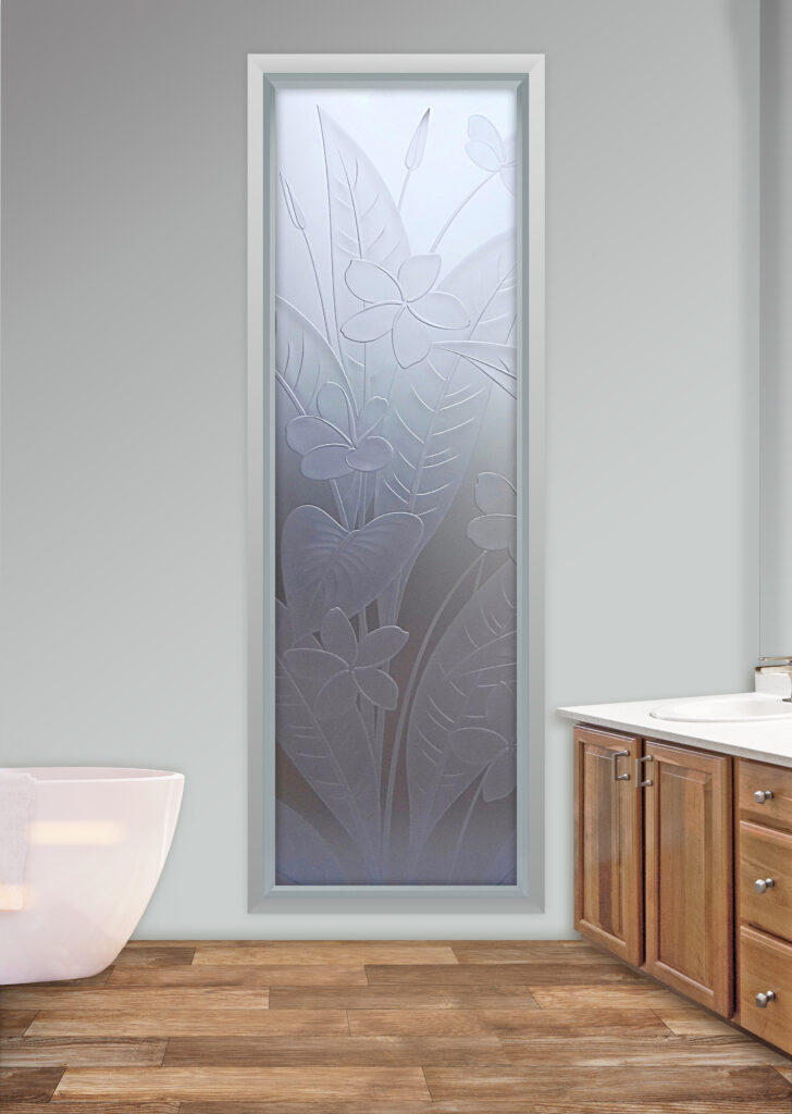 Frosted glass bathroom window with carved plumeria floral design