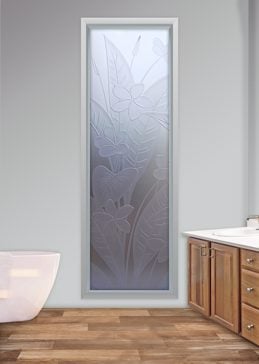 Handmade Sandblasted Frosted Glass Window for Private Featuring a Floral Design Plumeria by Sans Soucie