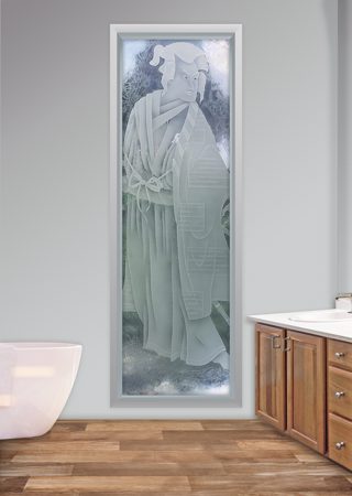 Window featuring a Frosted Glass Asian Design Sandblast Etched Glass Samurai Design by Sans Soucie