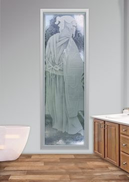 Handmade Sandblasted Frosted Glass Window for Semi-Private Featuring a Asian Design Samurai by Sans Soucie