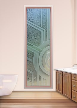Handcrafted Etched Glass Window by Sans Soucie Art Glass with Custom Geometric Design Called Sun Odyssey IV Creating Semi-Private