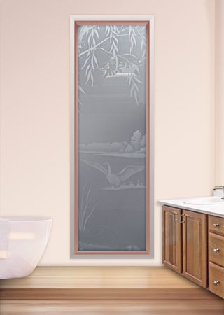 Window featuring a Frosted Glass Wildlife Design Sandblast Etched Glass Swans on the Lake Design by Sans Soucie