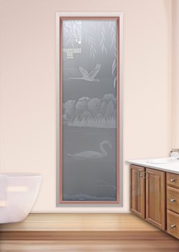 Window with Frosted Glass Wildlife Swans on the Lake II Design by Sans Soucie