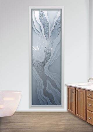 Window showcasing a Frosted Glass Abstract Design with Sandblast Etched Glass Art by Sans Soucie Abstract Liquid Design